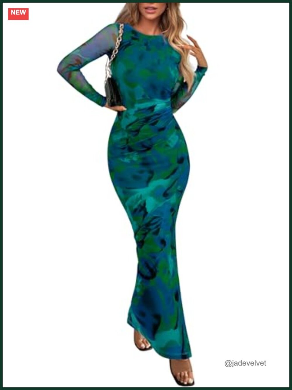 Floral Bodycon Maxi Dress Long Sleeve Ruched Sheer Mesh Fitted Fall Cocktail